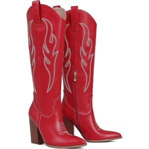 Women's Red Pu Rhinestones Embroidered Pointed Toe Chunky Heel Knee High Boots
